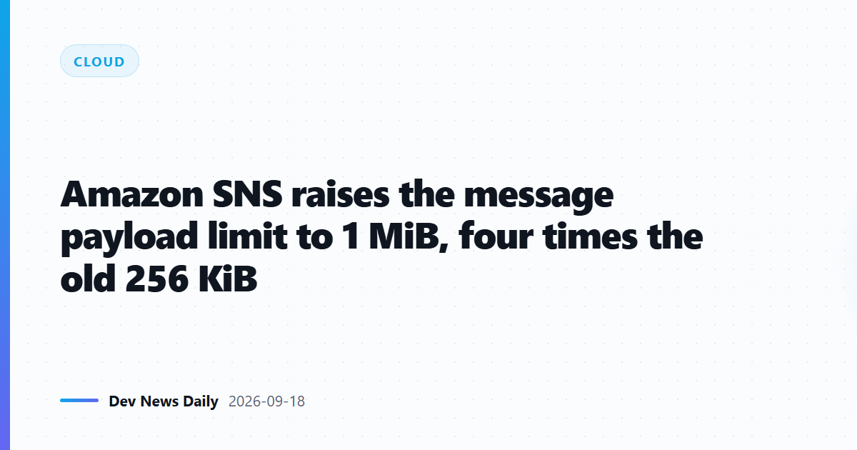 Amazon SNS raises the message payload limit to 1 MiB, four times the old 256 KiB