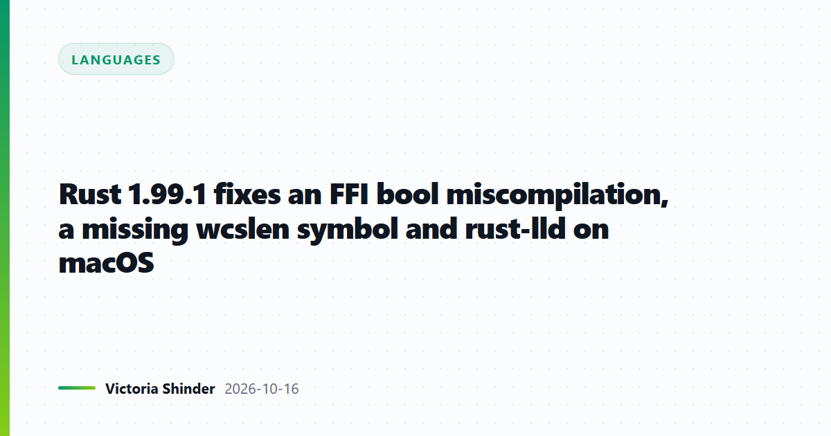 Rust 1.99.1 fixes an FFI bool miscompilation, a missing wcslen symbol and rust-lld on macOS